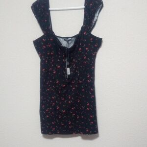 Fashion Nova Black Mini Dress with Red Floral Accents